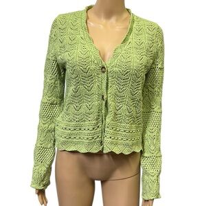 Mango MNG Open Work Knit Scalloped V neck Cardigan Long Sleeve Green Womens S